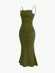 Sweetro Women's Summer Solid Color Pleated Fish Tail Hem Bodycon Elegant Strap Dress - WestLine Apparel