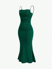 Sweetro Women's Summer Solid Color Pleated Fish Tail Hem Bodycon Elegant Strap Dress - WestLine Apparel