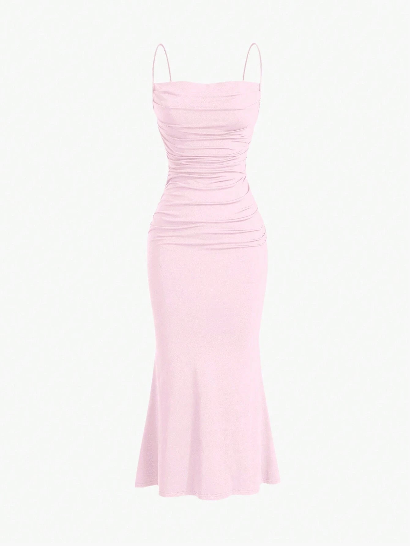 Sweetro Women's Summer Solid Color Pleated Fish Tail Hem Bodycon Elegant Strap Dress - WestLine Apparel