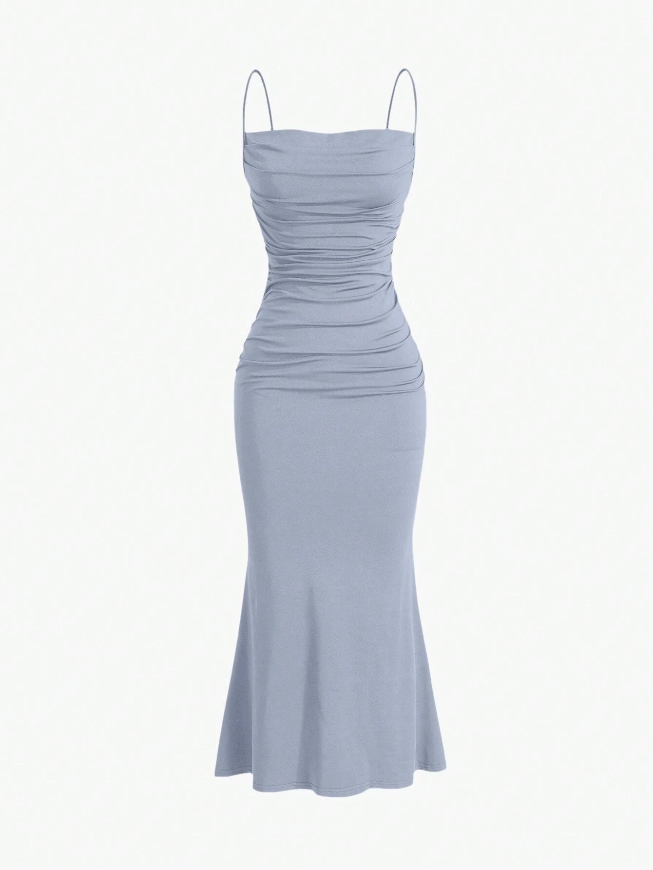 Sweetro Women's Summer Solid Color Pleated Fish Tail Hem Bodycon Elegant Strap Dress - WestLine Apparel