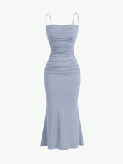Sweetro Women's Summer Solid Color Pleated Fish Tail Hem Bodycon Elegant Strap Dress - WestLine Apparel