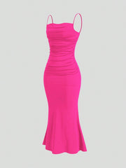 Sweetro Women's Summer Solid Color Pleated Fish Tail Hem Bodycon Elegant Strap Dress - WestLine Apparel