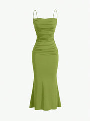 Sweetro Women's Summer Solid Color Pleated Fish Tail Hem Bodycon Elegant Strap Dress - WestLine Apparel