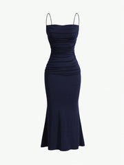 Sweetro Women's Summer Solid Color Pleated Fish Tail Hem Bodycon Elegant Strap Dress - WestLine Apparel