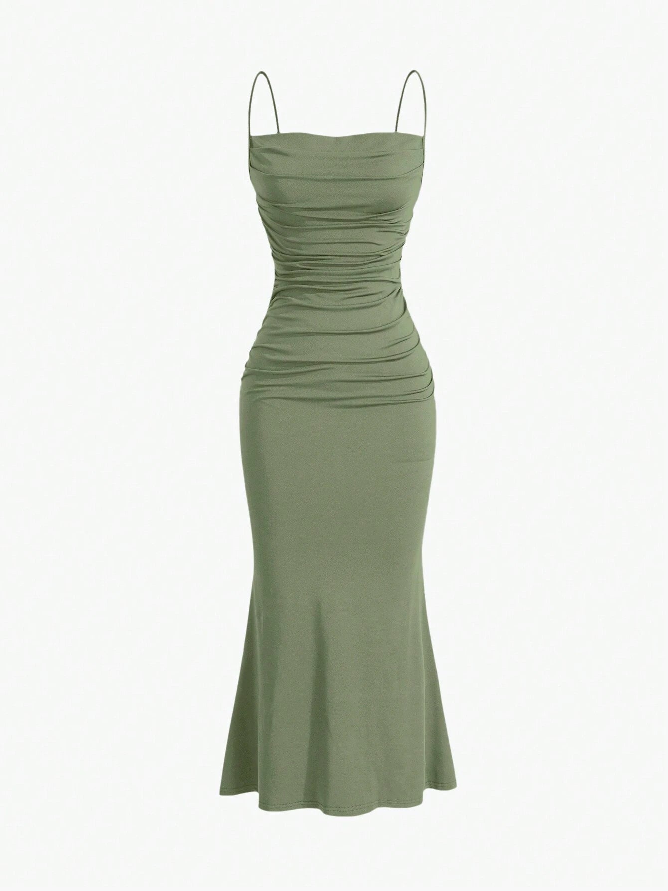Sweetro Women's Summer Solid Color Pleated Fish Tail Hem Bodycon Elegant Strap Dress - WestLine Apparel