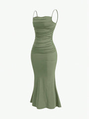 Sweetro Women's Summer Solid Color Pleated Fish Tail Hem Bodycon Elegant Strap Dress - WestLine Apparel