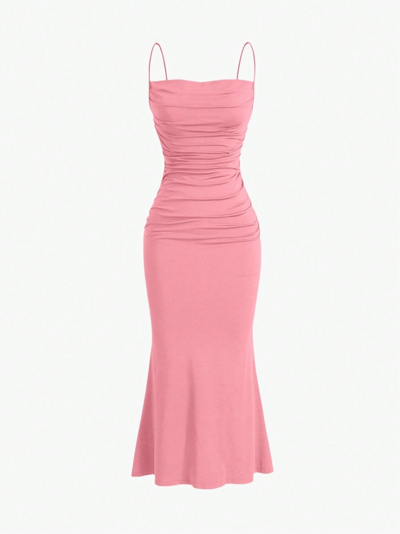 Sweetro Women's Summer Solid Color Pleated Fish Tail Hem Bodycon Elegant Strap Dress - WestLine Apparel