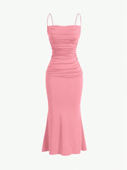 Sweetro Women's Summer Solid Color Pleated Fish Tail Hem Bodycon Elegant Strap Dress - WestLine Apparel