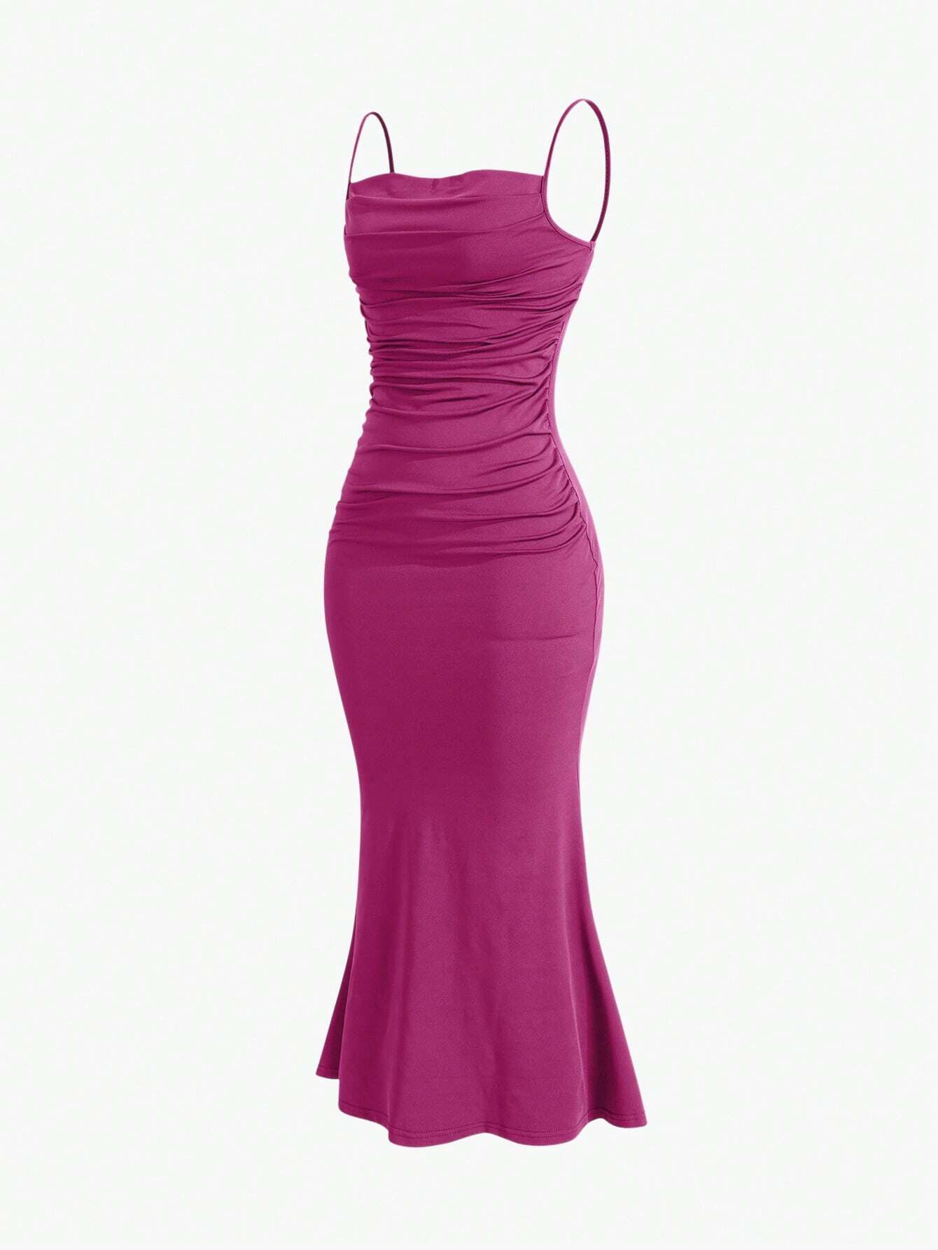 Sweetro Women's Summer Solid Color Pleated Fish Tail Hem Bodycon Elegant Strap Dress - WestLine Apparel