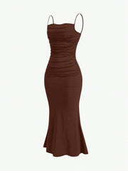 Sweetro Women's Summer Solid Color Pleated Fish Tail Hem Bodycon Elegant Strap Dress - WestLine Apparel