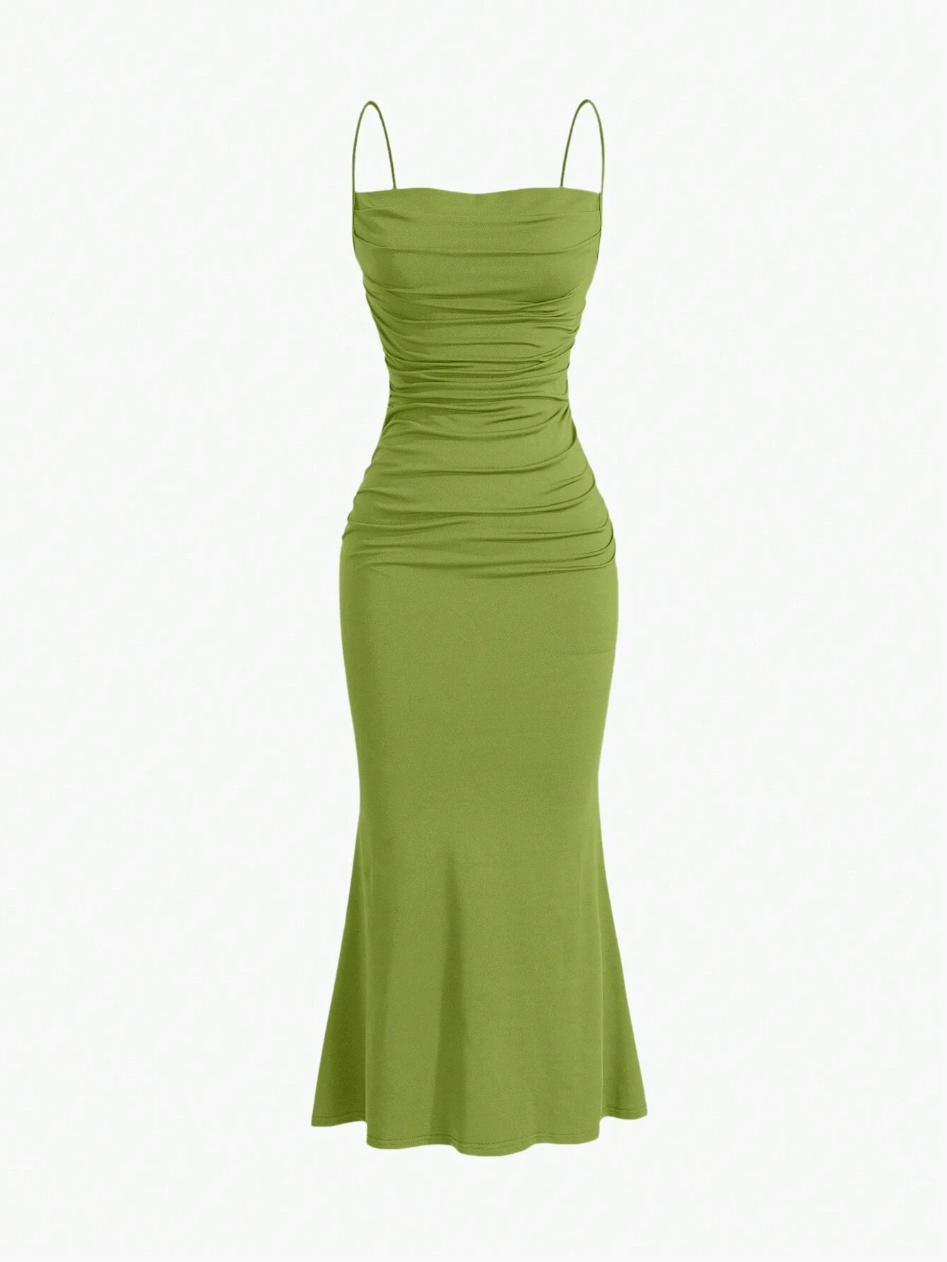 Sweetro Women's Summer Solid Color Pleated Fish Tail Hem Bodycon Elegant Strap Dress - WestLine Apparel