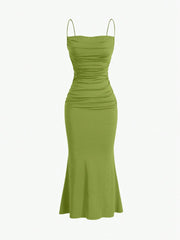 Sweetro Women's Summer Solid Color Pleated Fish Tail Hem Bodycon Elegant Strap Dress - WestLine Apparel