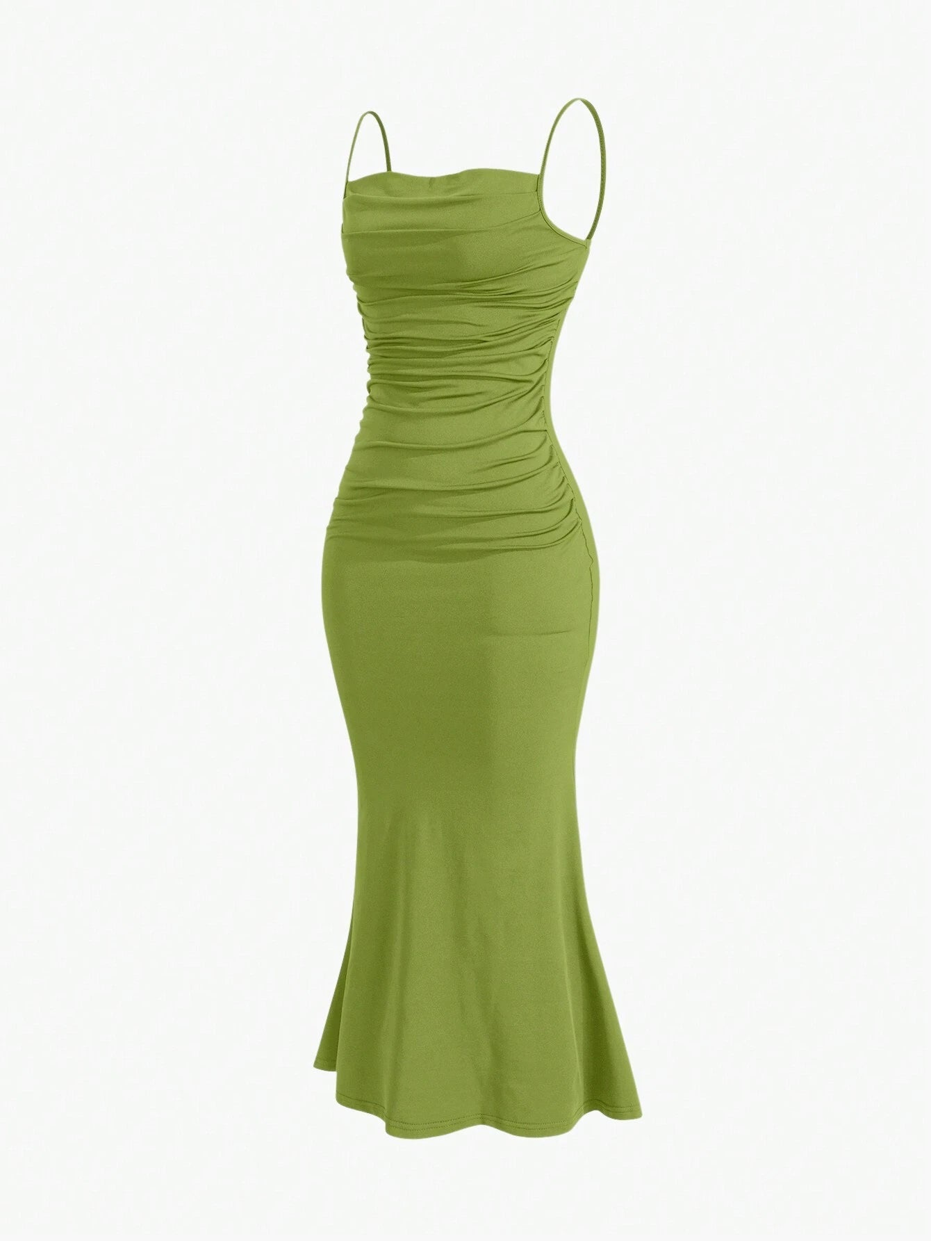 Sweetro Women's Summer Solid Color Pleated Fish Tail Hem Bodycon Elegant Strap Dress - WestLine Apparel