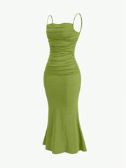 Sweetro Women's Summer Solid Color Pleated Fish Tail Hem Bodycon Elegant Strap Dress - WestLine Apparel