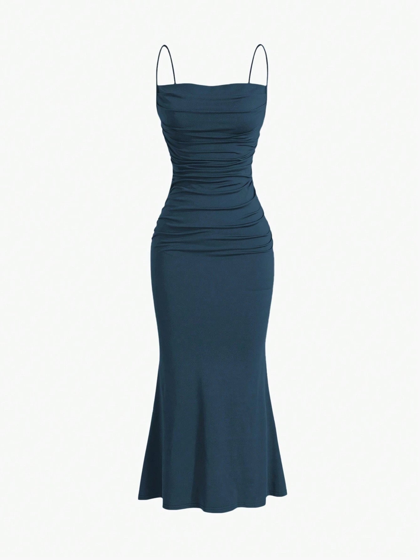 Sweetro Women's Summer Solid Color Pleated Fish Tail Hem Bodycon Elegant Strap Dress - WestLine Apparel