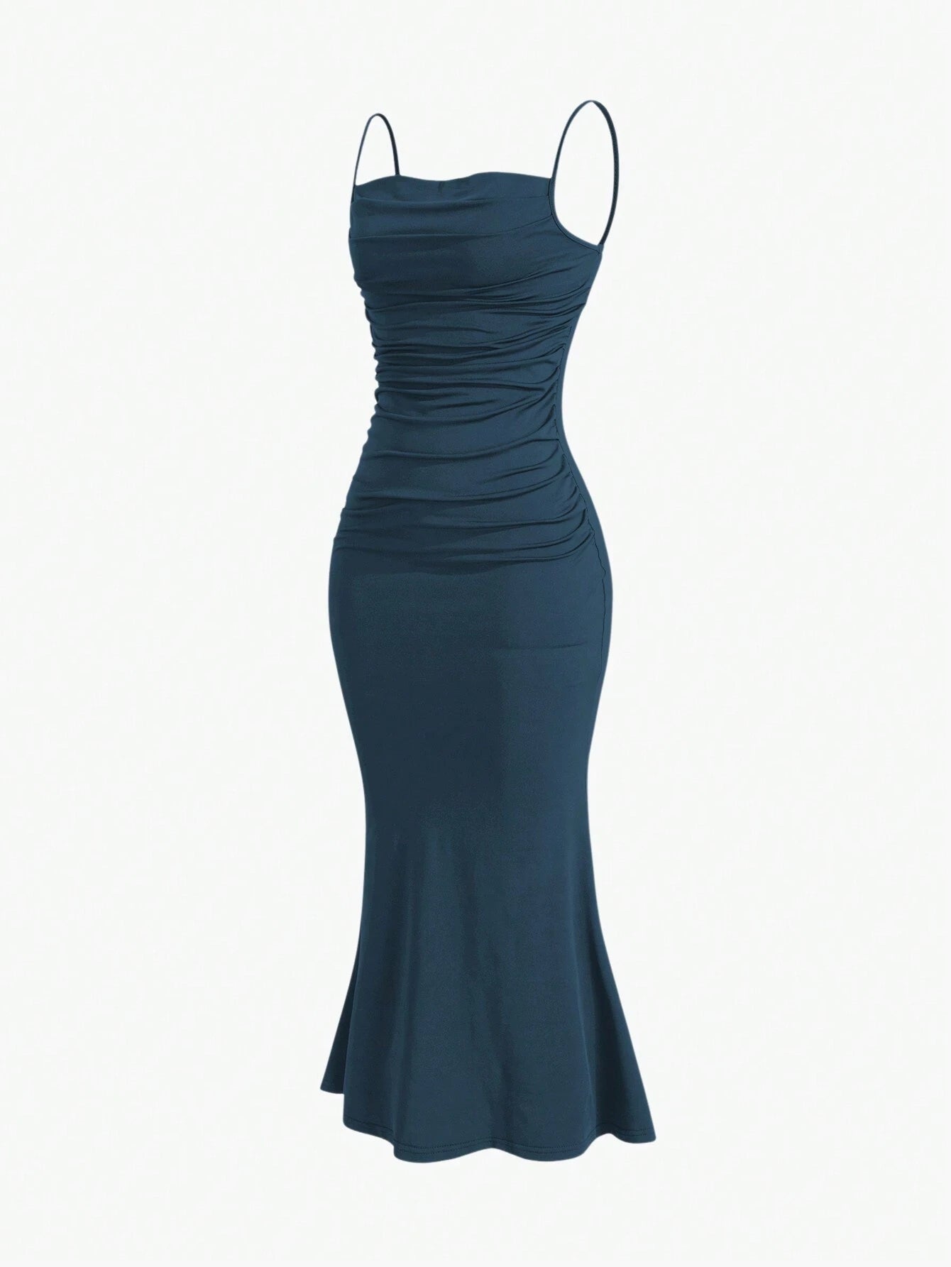 Sweetro Women's Summer Solid Color Pleated Fish Tail Hem Bodycon Elegant Strap Dress - WestLine Apparel