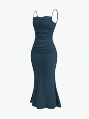Sweetro Women's Summer Solid Color Pleated Fish Tail Hem Bodycon Elegant Strap Dress - WestLine Apparel