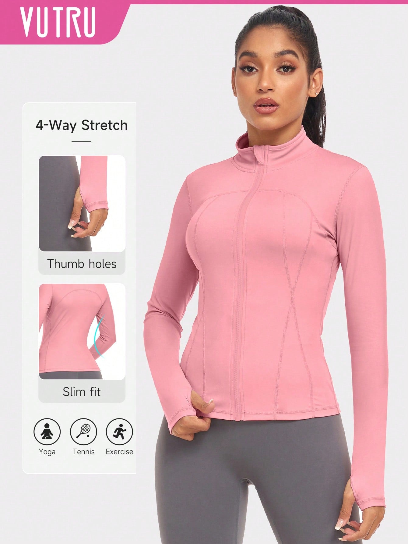 VUTRU 1pc Women Hot Pink Fitted Sports Jacket With Thumbholes, For Running & Yoga - WestLine Apparel