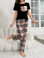 Women's Bear Print Short Sleeve T-Shirt And Plaid Pants Sleepwear Set Pajama Set - WestLine Apparel