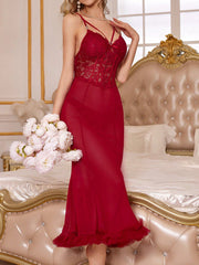 Women's Lace Patchwork Sheer Mesh Halter Mermaid Long Pajama Night Dress - WestLine Apparel