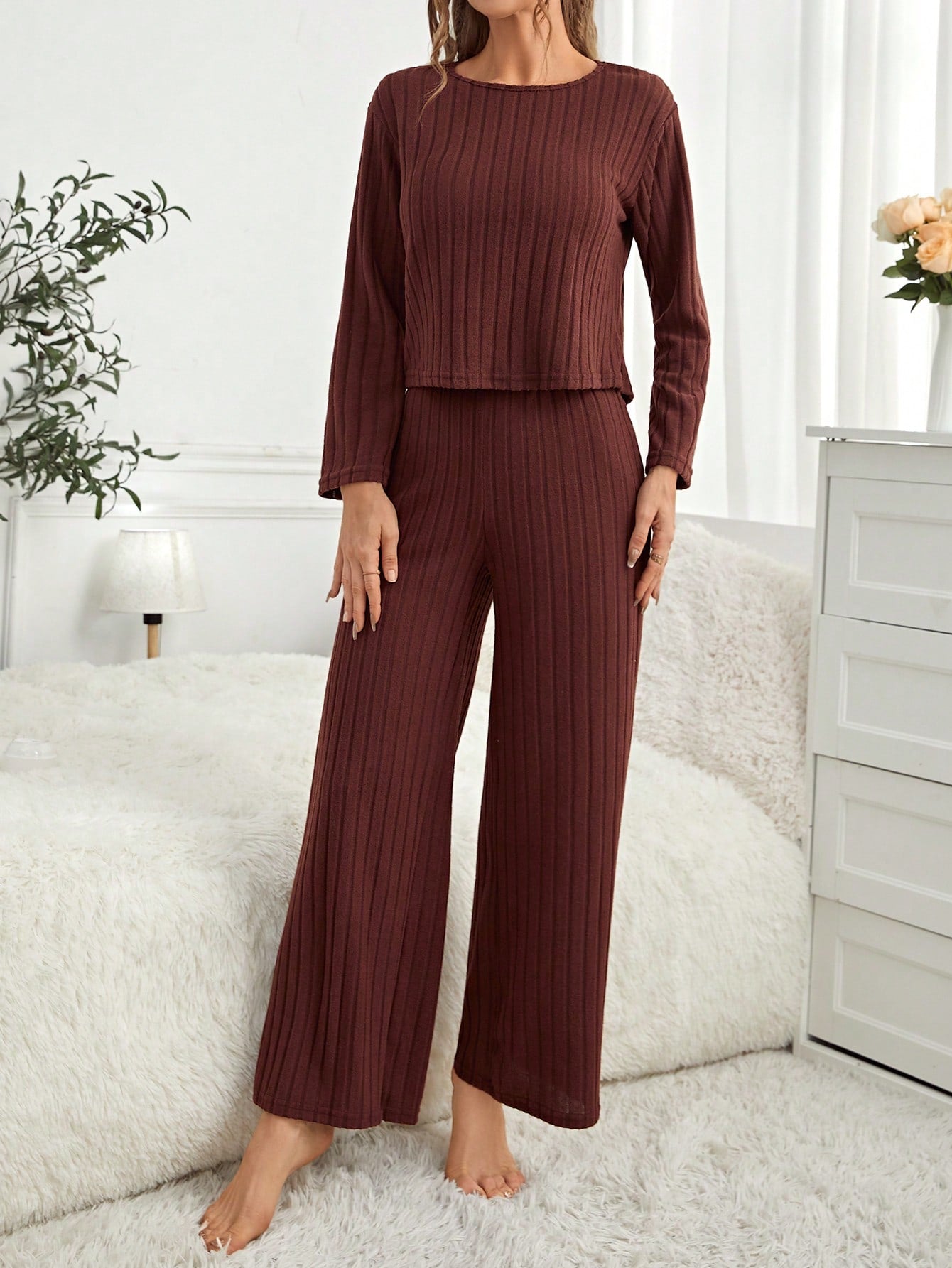 Women's Long Sleeve Ribbed Homewear Set - WestLine Apparel