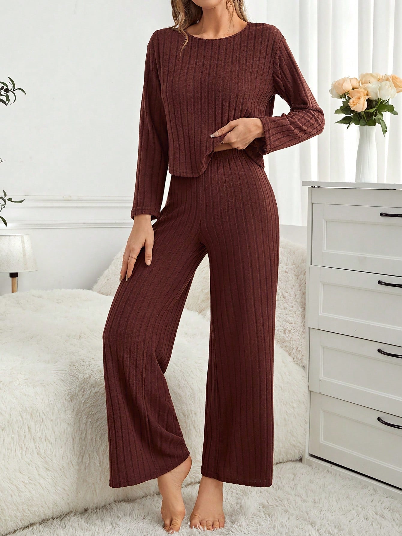 Women's Long Sleeve Ribbed Homewear Set - WestLine Apparel