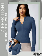 Women's Solid Color Thumb Hole Long Sleeve Zip Up Jacket, Breathable Compression Fitness Tight Top, Stand Collar Stretchy Quick Dry Yoga Activewear Summer Sportswear - WestLine Apparel