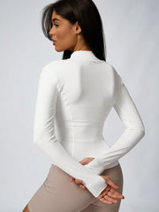 Women's Solid Color Thumb Hole Long Sleeve Zip Up Jacket, Breathable Compression Fitness Tight Top, Stand Collar Stretchy Quick Dry Yoga Activewear Summer Sportswear - WestLine Apparel