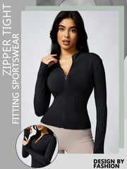 Women's Solid Color Thumb Hole Long Sleeve Zip Up Jacket, Breathable Compression Fitness Tight Top, Stand Collar Stretchy Quick Dry Yoga Activewear Summer Sportswear - WestLine Apparel
