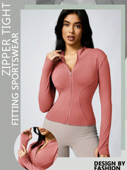 Women's Solid Color Thumb Hole Long Sleeve Zip Up Jacket, Breathable Compression Fitness Tight Top, Stand Collar Stretchy Quick Dry Yoga Activewear Summer Sportswear - WestLine Apparel