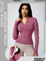 Women's Solid Color Thumb Hole Long Sleeve Zip Up Jacket, Breathable Compression Fitness Tight Top, Stand Collar Stretchy Quick Dry Yoga Activewear Summer Sportswear - WestLine Apparel