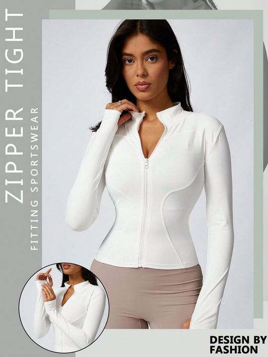 Women's Solid Color Thumb Hole Long Sleeve Zip Up Jacket, Breathable Compression Fitness Tight Top, Stand Collar Stretchy Quick Dry Yoga Activewear Summer Sportswear - WestLine Apparel