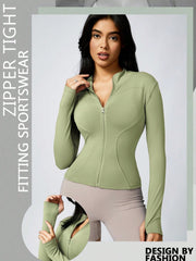 Women's Solid Color Thumb Hole Long Sleeve Zip Up Jacket, Breathable Compression Fitness Tight Top, Stand Collar Stretchy Quick Dry Yoga Activewear Summer Sportswear - WestLine Apparel