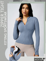 Women's Solid Color Thumb Hole Long Sleeve Zip Up Jacket, Breathable Compression Fitness Tight Top, Stand Collar Stretchy Quick Dry Yoga Activewear Summer Sportswear - WestLine Apparel