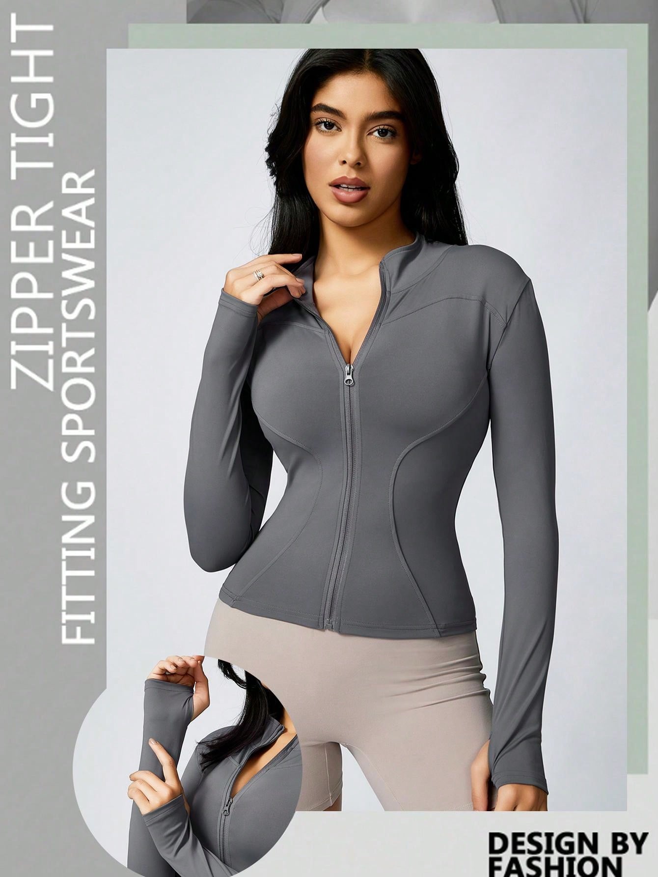 Women's Solid Color Thumb Hole Long Sleeve Zip Up Jacket, Breathable Compression Fitness Tight Top, Stand Collar Stretchy Quick Dry Yoga Activewear Summer Sportswear - WestLine Apparel