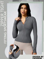 Women's Solid Color Thumb Hole Long Sleeve Zip Up Jacket, Breathable Compression Fitness Tight Top, Stand Collar Stretchy Quick Dry Yoga Activewear Summer Sportswear - WestLine Apparel