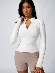 Women's Solid Color Thumb Hole Long Sleeve Zip Up Jacket, Breathable Compression Fitness Tight Top, Stand Collar Stretchy Quick Dry Yoga Activewear Summer Sportswear - WestLine Apparel