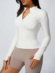 Women's Solid Color Thumb Hole Long Sleeve Zip Up Jacket, Breathable Compression Fitness Tight Top, Stand Collar Stretchy Quick Dry Yoga Activewear Summer Sportswear - WestLine Apparel