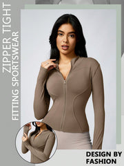 Women's Solid Color Thumb Hole Long Sleeve Zip Up Jacket, Breathable Compression Fitness Tight Top, Stand Collar Stretchy Quick Dry Yoga Activewear Summer Sportswear - WestLine Apparel