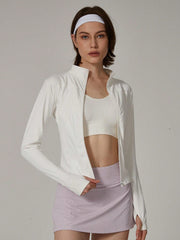 Women's Solid Color Thumb Hole Long Sleeve Zip Up Jacket, Breathable Compression Fitness Tight Top, Stand Collar Stretchy Quick Dry Yoga Activewear Summer Sportswear - WestLine Apparel