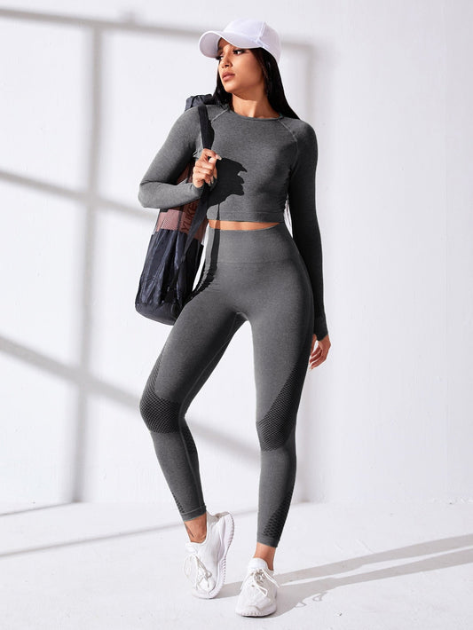 Yoga Basic 2pcs Seamless Yoga Set Sports Suit Thumbholes & Raglan Sleeve Top Hip-Hugging Leggings - WestLine Apparel