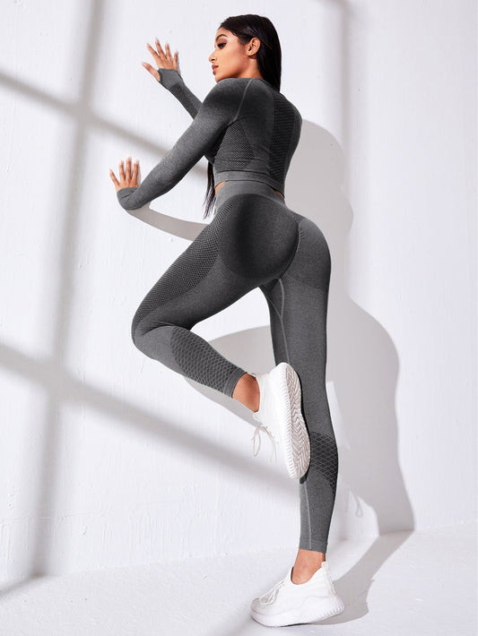 Yoga Basic 2pcs Seamless Yoga Set Sports Suit Thumbholes & Raglan Sleeve Top Hip-Hugging Leggings - WestLine Apparel