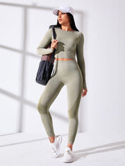 Yoga Basic 2pcs Seamless Yoga Set Sports Suit Thumbholes & Raglan Sleeve Top Hip-Hugging Leggings - WestLine Apparel